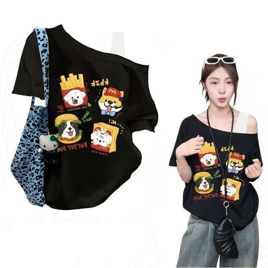 オフショルダー ルーズシルエット 大人気 Tシャツ F-13335