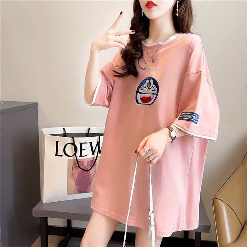 韓国系 ドロップショルダー 刺? レイヤードTシャツ ゆったり半袖 ＜F-3053＞