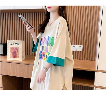 絶対欲しい プリント ラウンドネック 切り替え 全2色 半袖Tシャツ ＜F-8672＞