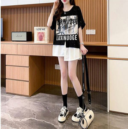 絶対流行 レイヤード風 レース プリント全2色 半袖TシャツF-8821