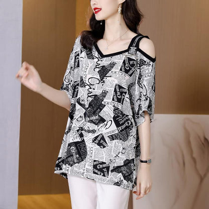 【半額！期間限定！！】絶対流行 特別デザイン 個性派 シフォン プリント 半袖Tシャツ＜F-8610＞