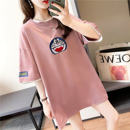 韓国系 ドロップショルダー 刺? レイヤードTシャツ ゆったり半袖 ＜F-3053＞