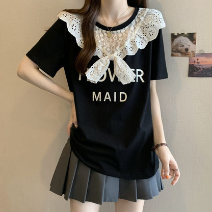 超人気 レース スウィート 切り替え プリント 3色選択 半袖Tシャツ＜F-8825＞