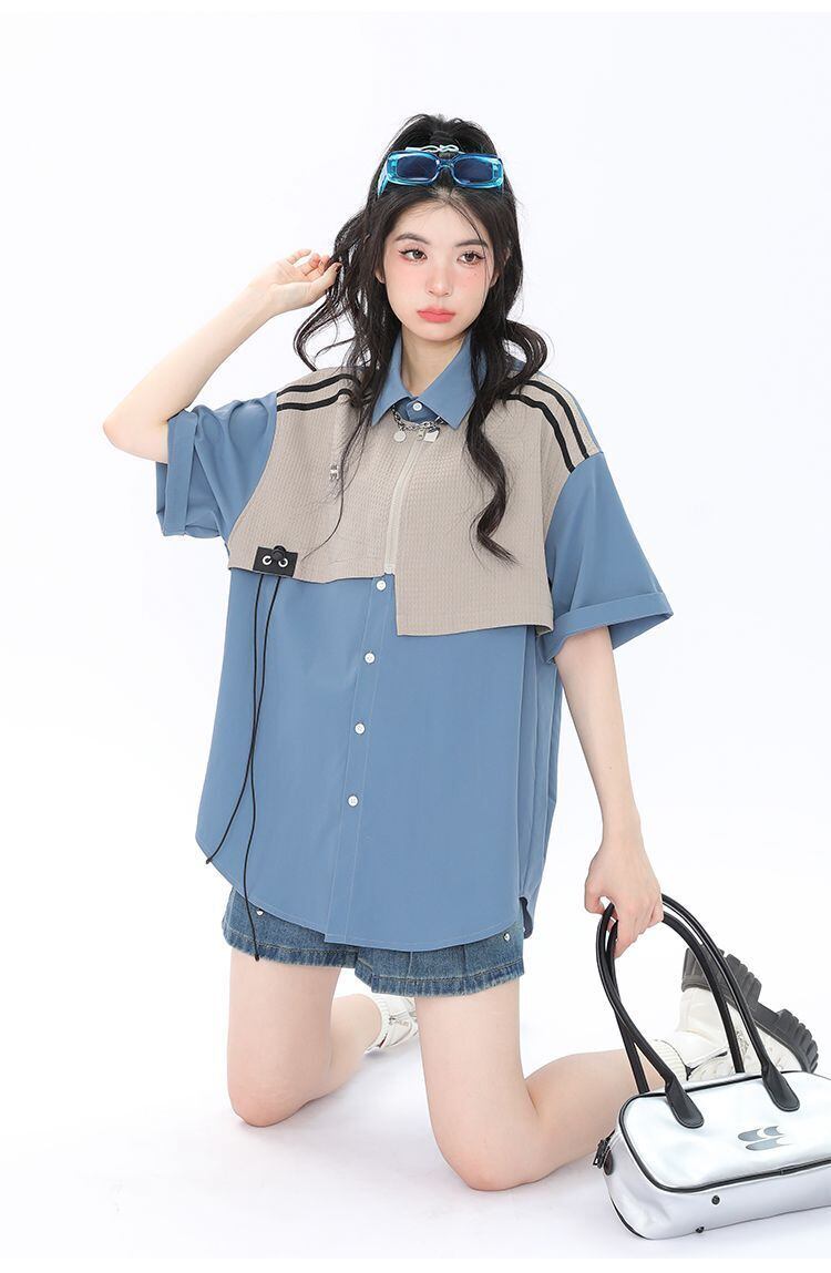 期間限定 ファッション 個性派 レイヤード風 切り替え プリント全3色 男女兼用 半袖TシャツF-9044