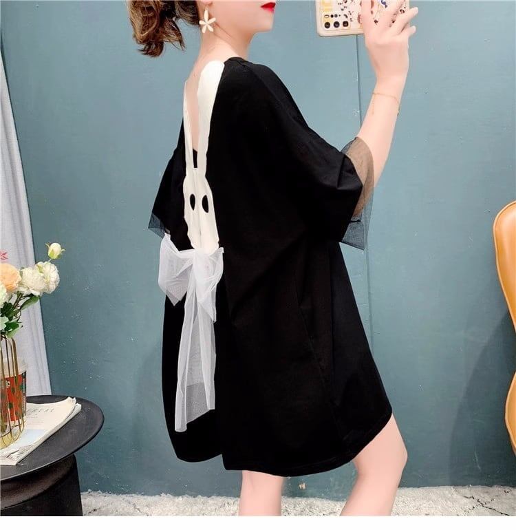 優しい雰囲気   バックオープン ロングTシャツ ゆったり半袖＜F-2939＞