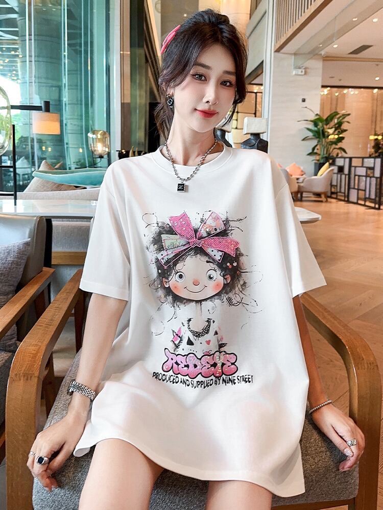 好感度UP ピンク カジュアル プリント スパンコール プリント ゆったり 半袖 Tシャツ＜F-8705＞