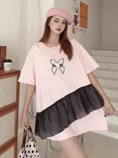 絶対欲しい 切り替え キュート プリントゆったり 半袖Tシャツ 全5色＜F-8271＞