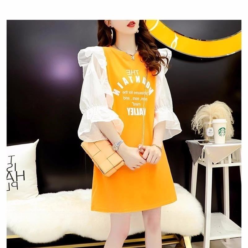 女子力アップ アルファベット パフスリーブ プリント ロングTシャツ ゆったりワンピース ＜F-3054＞