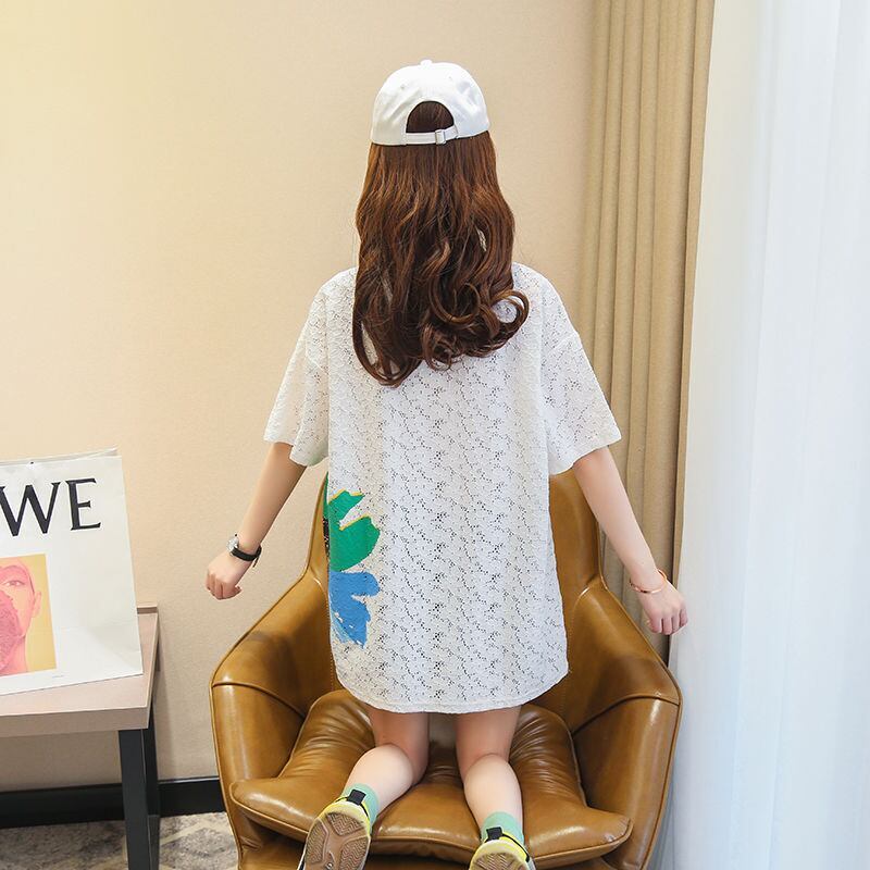 美人度アップ 透かし彫り レース ルーズ 半袖 Tシャツ ＜F-8671＞