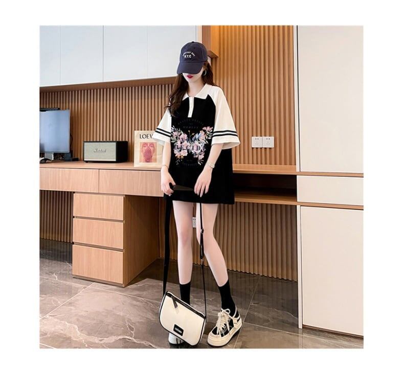 POLOネック   バタフライ ラグランTシャツ ゆったりワンピース ＜F-3023＞