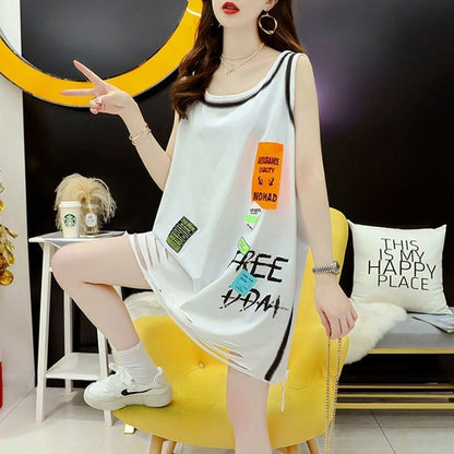 今季マストバイ ダメージ加工 デザイン性抜群 プリント全2色 ノースリーブ Tシャツ カットソー＜F-9141＞