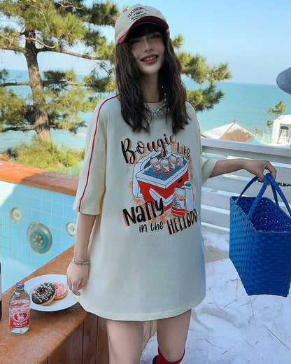 着?せ ゆったり ビッグロゴ ロングTシャツ 半袖 ワンピース<F-4859>