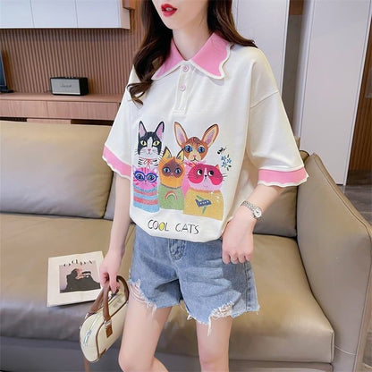 デザインセンスゆったりプリントトップラペルTシャツポロシャツ<F-2898>