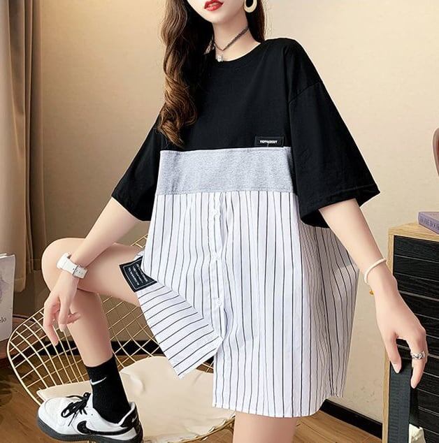 超人気 切り替え ストライプ柄 ラウンドネック プリント全2色 半袖Tシャツ<F-8741>