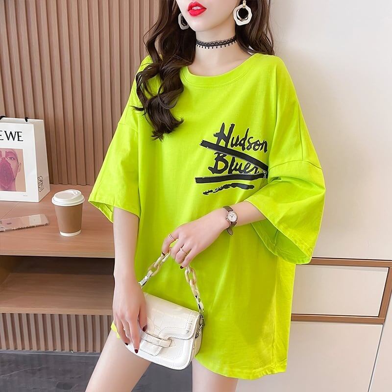 【人気商品再入荷！】   デザイン個性ゆったりミドル丈半袖Tシャツ<F-3036>