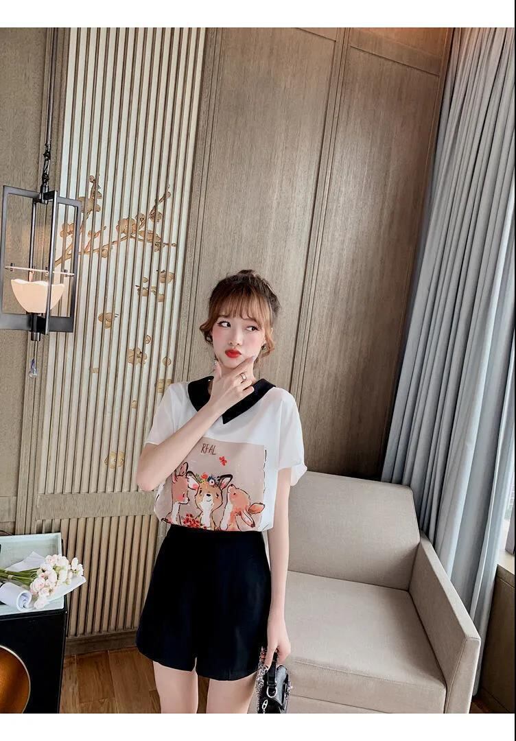 美人度アップ シフォン スウィート 半袖 Tシャツ ショートパンツ セットアップ ＜F-9234＞