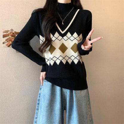 人気上昇中 レイヤード風 おしゃれ度高め 全2色 ニットトップスF-9583