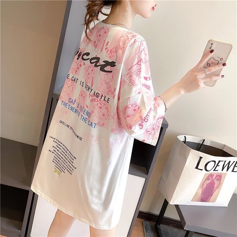 【半額！期間限定！！】大好評 プリント 猫柄 ロング Tシャツ 四色 ゆったりワンピース ＜F-4017＞