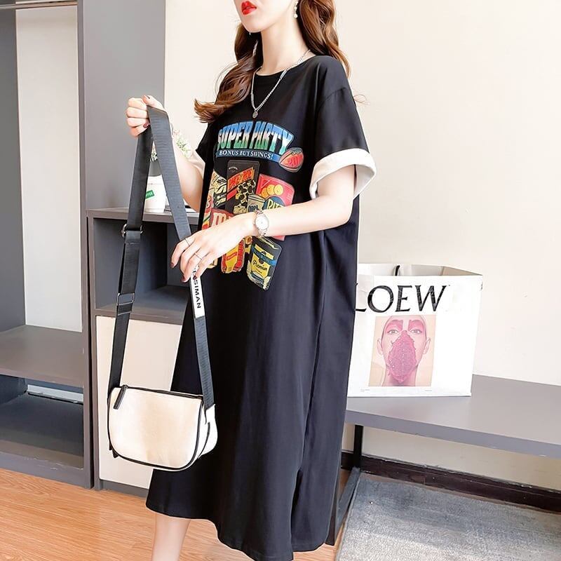 スタイリッシュ プリント 一目惚れ Tシャツ カットソー ワンピース＜F-3575＞