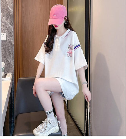 超人気 カジュアル 着回し力抜群 切り替え レース プリント全2色 半袖TシャツF-9039