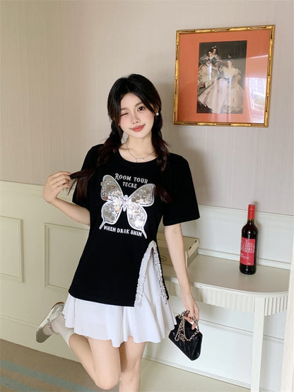 絶対欲しい キュート 超人気 ピンク プリント スパンコール 3色選択 半袖Tシャツ＜F-8570＞