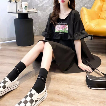 ミドル丈のイレギュラー半袖Tシャツワンピース<F-5007>