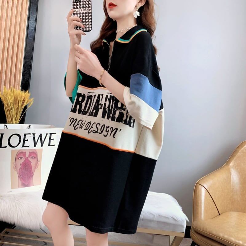 韓国系 切り替え POLOネック ファスナー ロング Tシャツ 二色 ゆったりワンピース ＜F-3015＞