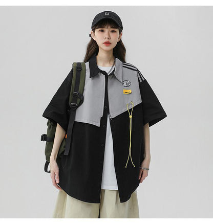 シンプルだけど一癖あるコーデ 切り替え レイヤード風 全2色 半袖TシャツF-9046