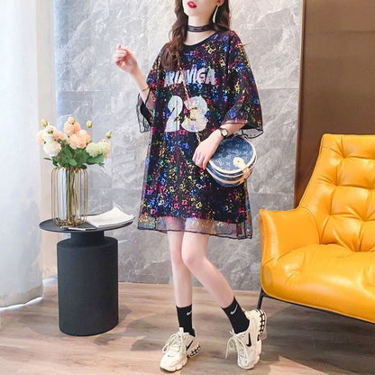 新作   レイヤード風 プリント ゆったり 半袖 Ｔシャツ 全2色<F-4967>