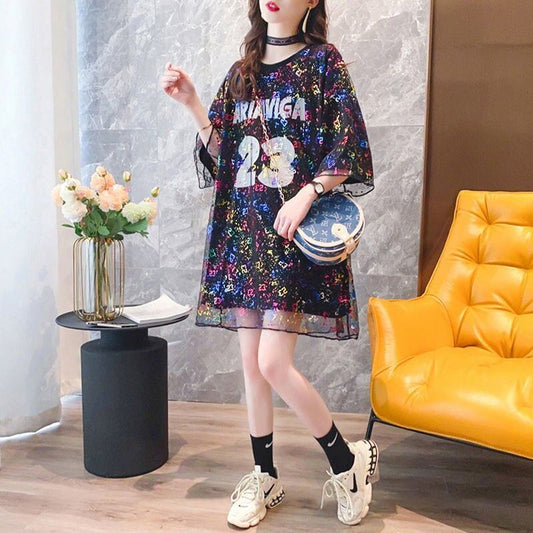 新作   レイヤード風 プリント ゆったり 半袖 Ｔシャツ 全2色<F-4967>