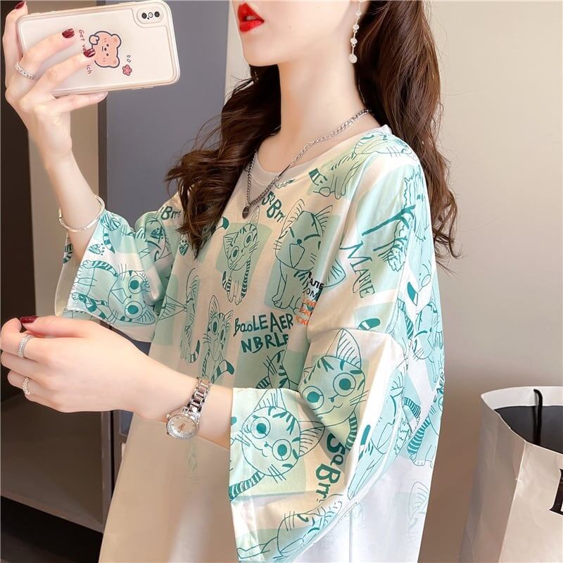 【半額！期間限定！！】大好評 プリント 猫柄 ロング Tシャツ 四色 ゆったりワンピース ＜F-4017＞