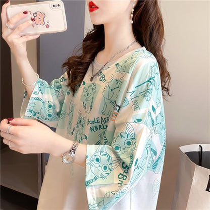 【半額！期間限定！！】大好評 プリント 猫柄 ロング Tシャツ 四色 ゆったりワンピース ＜F-4017＞