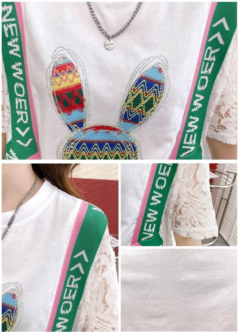 話題沸騰中 レース ビジュー 切り替え ロング Tシャツ ゆったりワンピース ＜F-3032＞