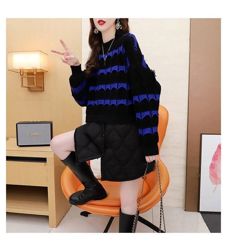 お勧め切り替えニットセーターハイネックキルティングトップス2色あり<F-4333>