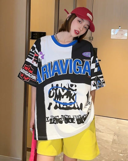 スタイルアップ効果抜群 レース アバンギャルド ダブルプリント全2色 半袖TシャツF-8980