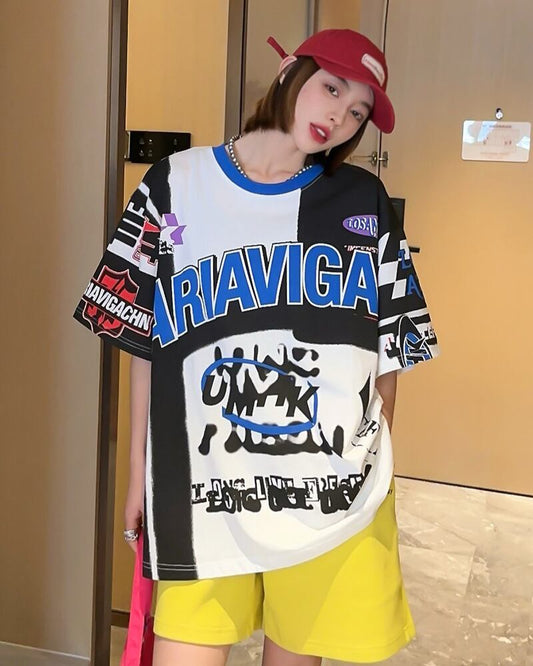 スタイルアップ効果抜群 レース アバンギャルド ダブルプリント全2色 半袖TシャツF-8980
