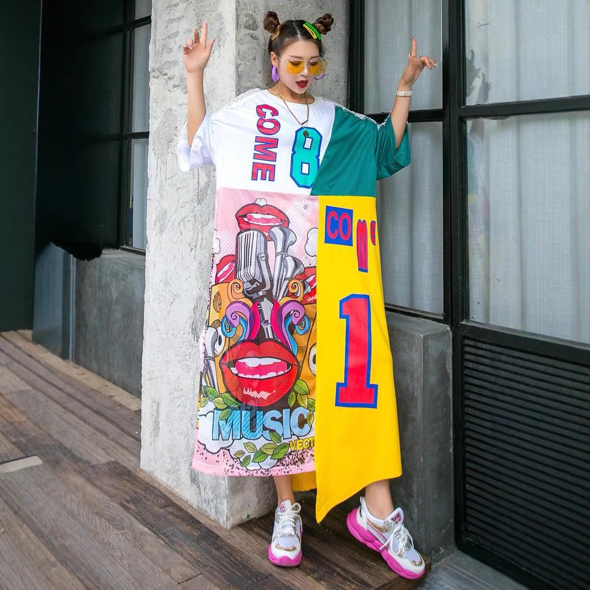 【人気商品再入荷】見逃し厳禁 イレギュラー カラーマッチング 切り替え プリント ロング ゆったり ワンピース＜F-4005＞