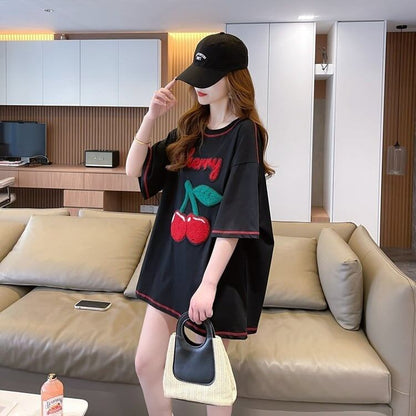 おすすめ新作 Tシャツ チェリー刺 ゆったり半袖＜F-2971＞