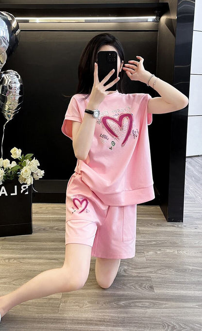 超人気 ホットダイヤモンド カジュアル プリント 半袖Tシャツ ショートパンツ セットアップ ＜F-9215＞