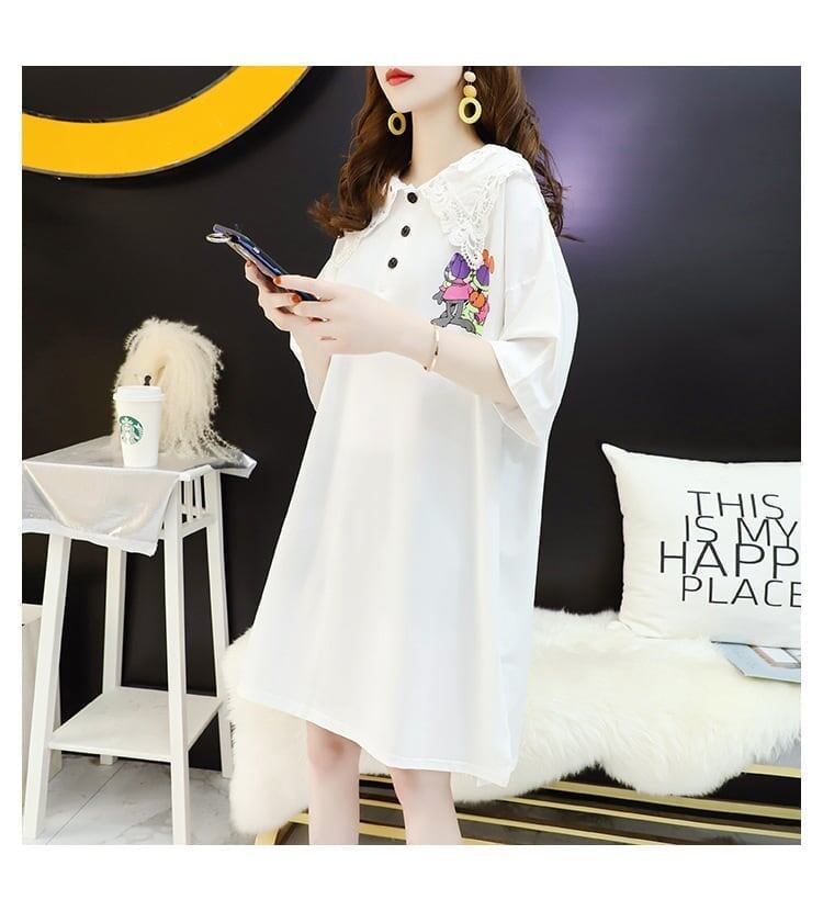デザインセンスのあるミドル丈のトレンドプリントドールカラー半袖Tシャツワンピース<F-3018>
