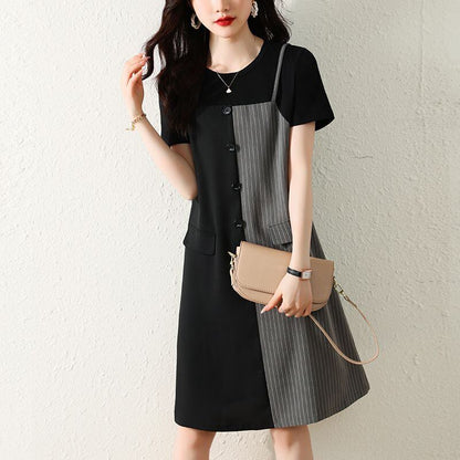 売り切れ必至 レイヤード風 ファッション 半袖ワンピースF-8309>