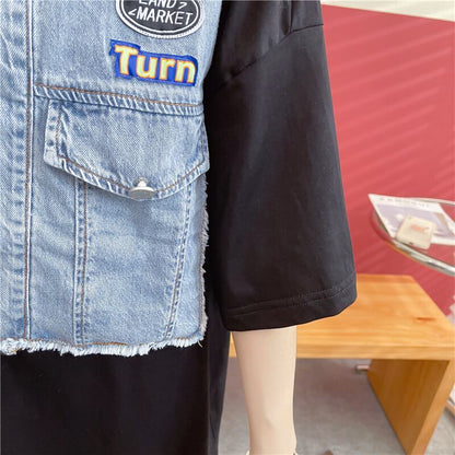 【半額！期間限定！！】新商品 レイヤード風 特別デザイン デニム 切り替え ゆったり 半袖Tシャツ＜F-8933＞