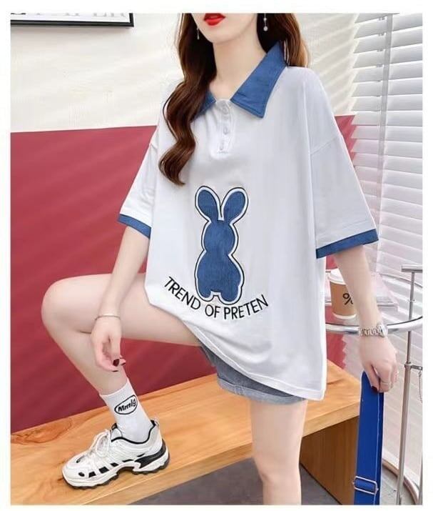 韓国系   POLOネック 三色 ゆったり半袖 ＜F-3056＞