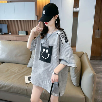 エレガントな立体ジャガードルーズウールパッチステッチ半袖Tシャツ<F-2901>