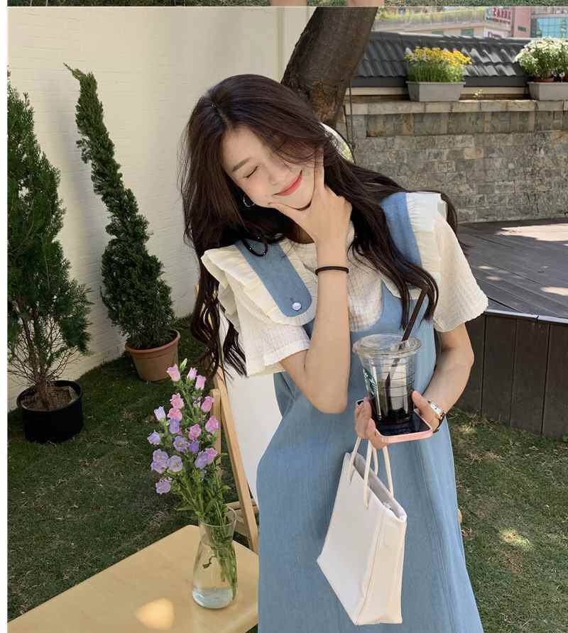美人度アップ デニム 大人可愛い 全2色 半袖Tシャツ+サスペンダースカート セットF-8782