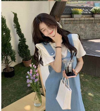 美人度アップ デニム 大人可愛い 全2色 半袖Tシャツ+サスペンダースカート セットF-8782