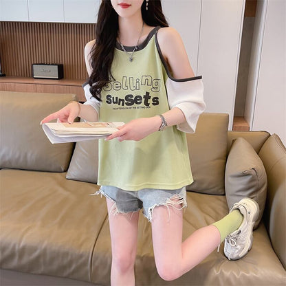 話題沸騰中   ロゴ 肌見せ 肩開き ゆったり 3色半袖Tシャツ＜F-8212＞