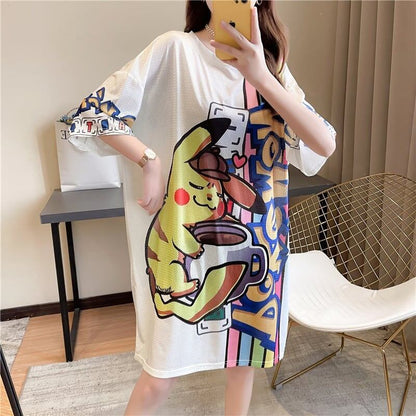 デザイン感 チャーミング プリント Tシャツ カットソー ワンピース＜isf-3492＞