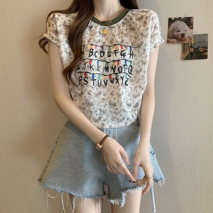 好感度UP カジュアル 大人可愛い プリント 全2色 半袖 Tシャツ＜F-8822＞