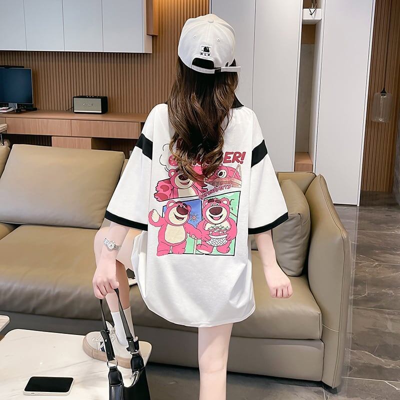 POLOネック 切り替え 熊柄 ロング プリント Tシャツ 二色 ゆったりワンピース ＜F-3020＞